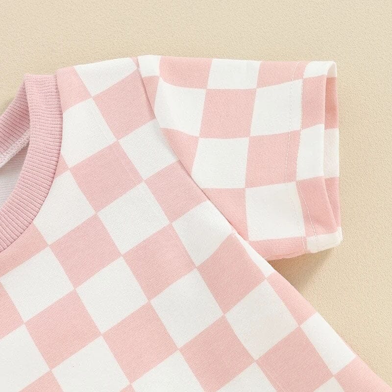 Short Sleeve Pink Checkered Baby Set - Wearebambino - 3 - 6 M - Short Sleeve Pink Checkered Baby Set