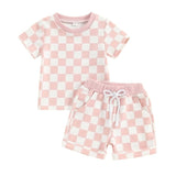 Short Sleeve Pink Checkered Baby Set - Wearebambino - 3 - 6 M - Short Sleeve Pink Checkered Baby Set