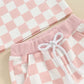 Short Sleeve Pink Checkered Baby Set - Wearebambino - 3 - 6 M - Short Sleeve Pink Checkered Baby Set