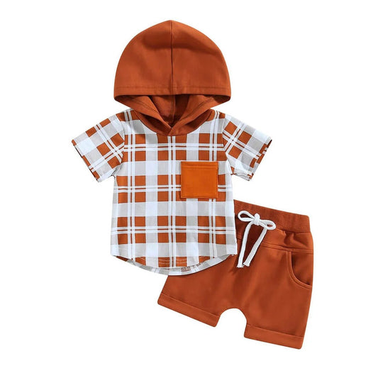 Short Sleeve Plaid Hooded Baby Set - Wearebambino - Brown - 3 - 6 M - Short Sleeve Plaid Hooded Baby Set