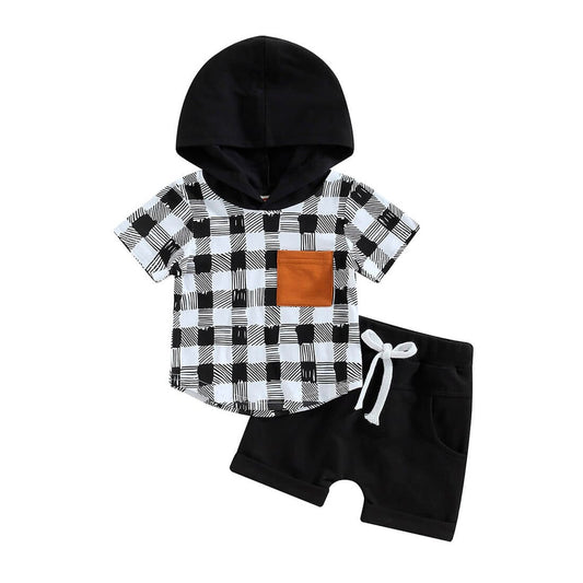 Short Sleeve Plaid Hooded Baby Set - Wearebambino - Black - 3 - 6 M - Short Sleeve Plaid Hooded Baby Set