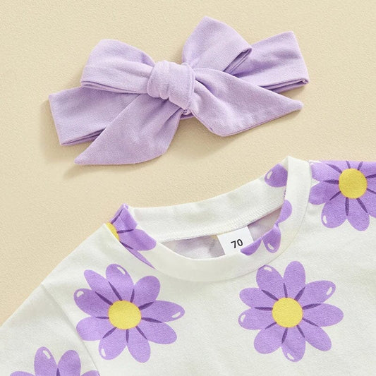 Short Sleeve Purple Floral Baby Set - Wearebambino - 3 - 6 M - Short Sleeve Purple Floral Baby Set