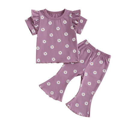 Short Sleeve Ruffled Floral Flared Toddler Set - Wearebambino - Purple - 12 - 18 M - Short Sleeve Ruffled Floral Flared Toddler Set