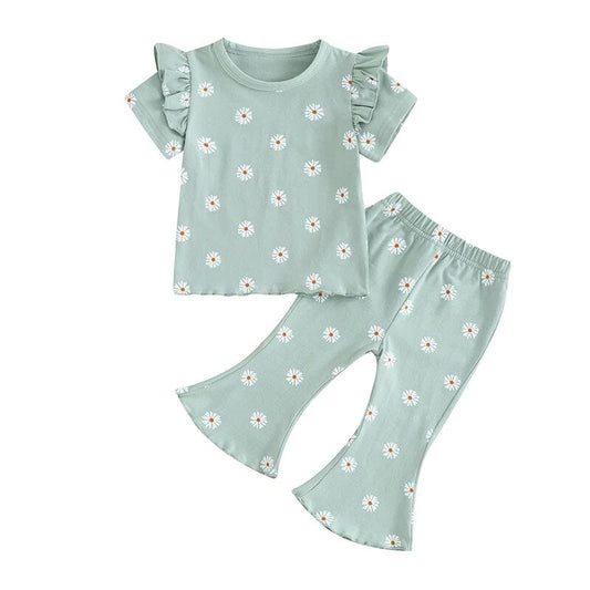 Short Sleeve Ruffled Floral Flared Toddler Set - Wearebambino - Green - 12 - 18 M - Short Sleeve Ruffled Floral Flared Toddler Set