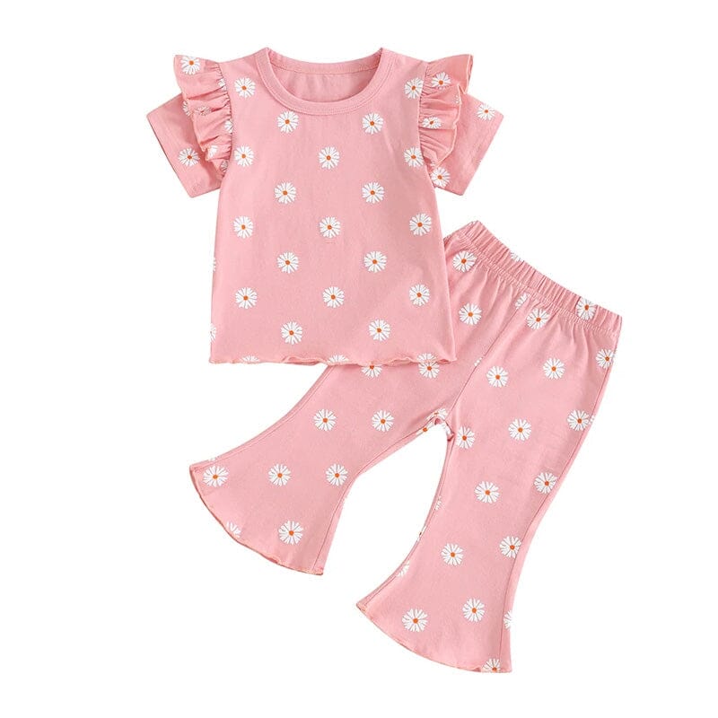 Short Sleeve Ruffled Floral Flared Toddler Set - Wearebambino - Pink - 12 - 18 M - Short Sleeve Ruffled Floral Flared Toddler Set