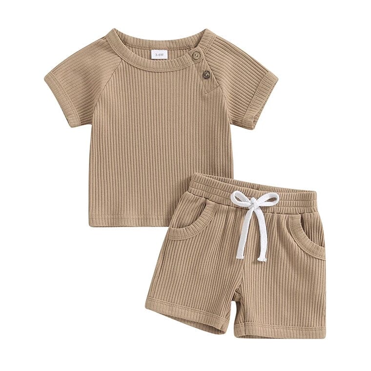 Short Sleeve Solid Ribbed Baby Set - Wearebambino - Khaki - 3 - 6 M - Short Sleeve Solid Ribbed Baby Set