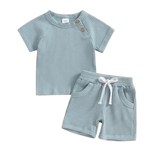 Short Sleeve Solid Ribbed Baby Set - Wearebambino - Blue - 3 - 6 M - Short Sleeve Solid Ribbed Baby Set