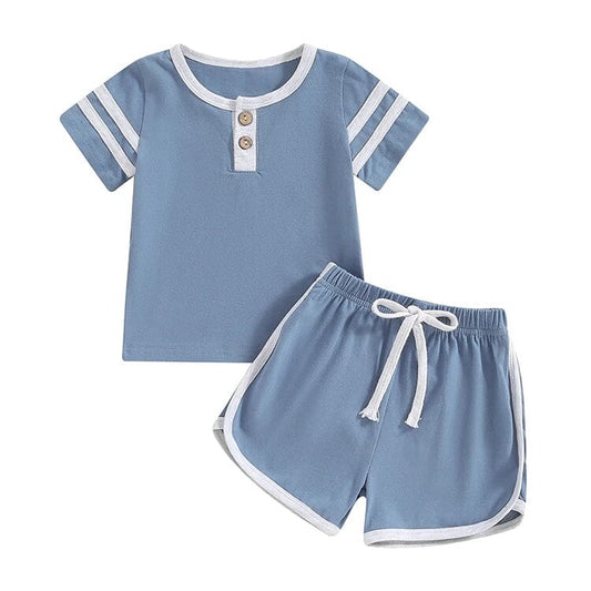 Short Sleeve Solid Stripes Baby Set - Wearebambino - Blue - 3 - 6 M - Short Sleeve Solid Stripes Baby Set