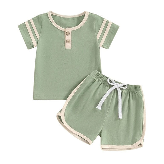 Short Sleeve Solid Stripes Baby Set - Wearebambino - Green - 3 - 6 M - Short Sleeve Solid Stripes Baby Set