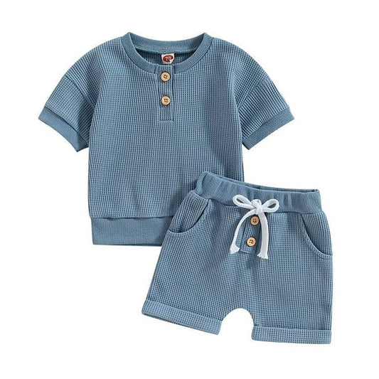 Short Sleeve Solid Waffle Baby Set - Wearebambino - Blue - 3 - 6 M - Short Sleeve Solid Waffle Baby Set