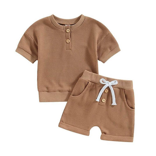 Short Sleeve Solid Waffle Baby Set - Wearebambino - Brown - 3 - 6 M - Short Sleeve Solid Waffle Baby Set