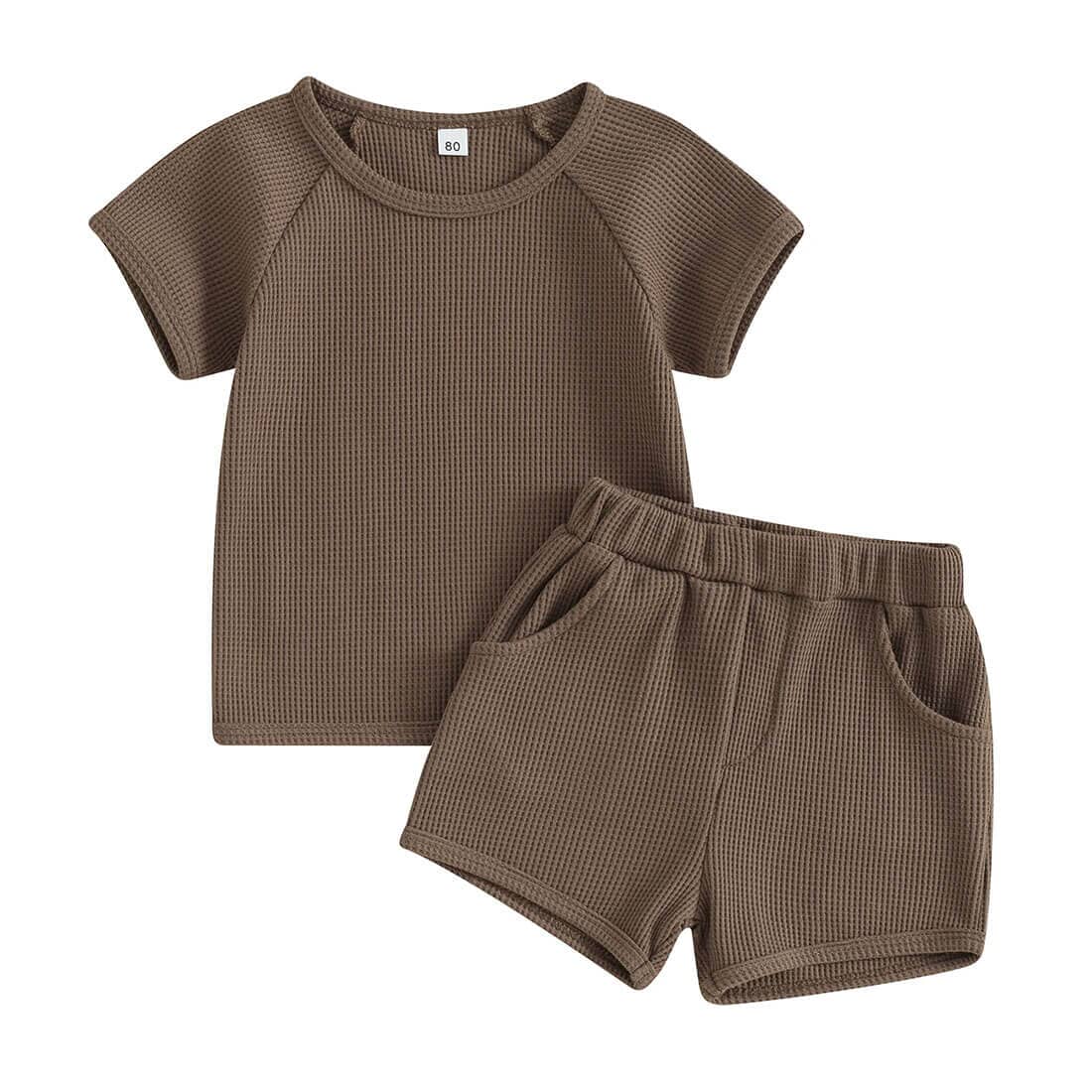 Short Sleeve Solid Waffle Toddler Set - Wearebambino - Brown - 9 - 12 M - Short Sleeve Solid Waffle Toddler Set