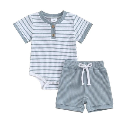 Short Sleeve Striped Baby Set - Wearebambino - Blue - 0 - 3 M - Short Sleeve Striped Baby Set