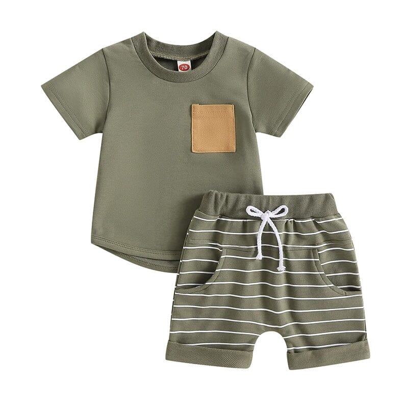 Short Sleeve Striped Shorts Toddler Set - Wearebambino - Green - 3 - 6 M - Short Sleeve Striped Shorts Toddler Set