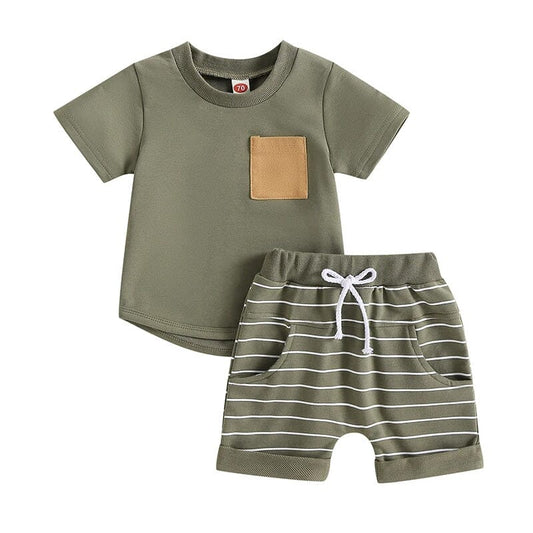 Short Sleeve Striped Shorts Toddler Set - Wearebambino - Green - 3 - 6 M - Short Sleeve Striped Shorts Toddler Set