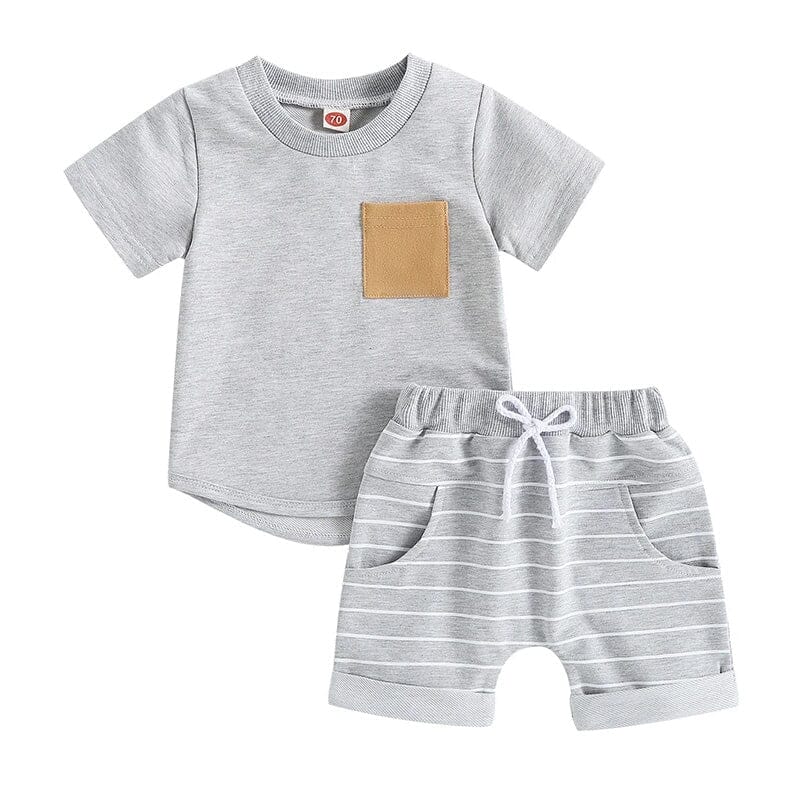 Short Sleeve Striped Shorts Toddler Set - Wearebambino - Gray - 3 - 6 M - Short Sleeve Striped Shorts Toddler Set