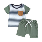 Short Sleeve Striped Tee Toddler Set - Wearebambino - Green - 9 - 12 M - Short Sleeve Striped Tee Toddler Set