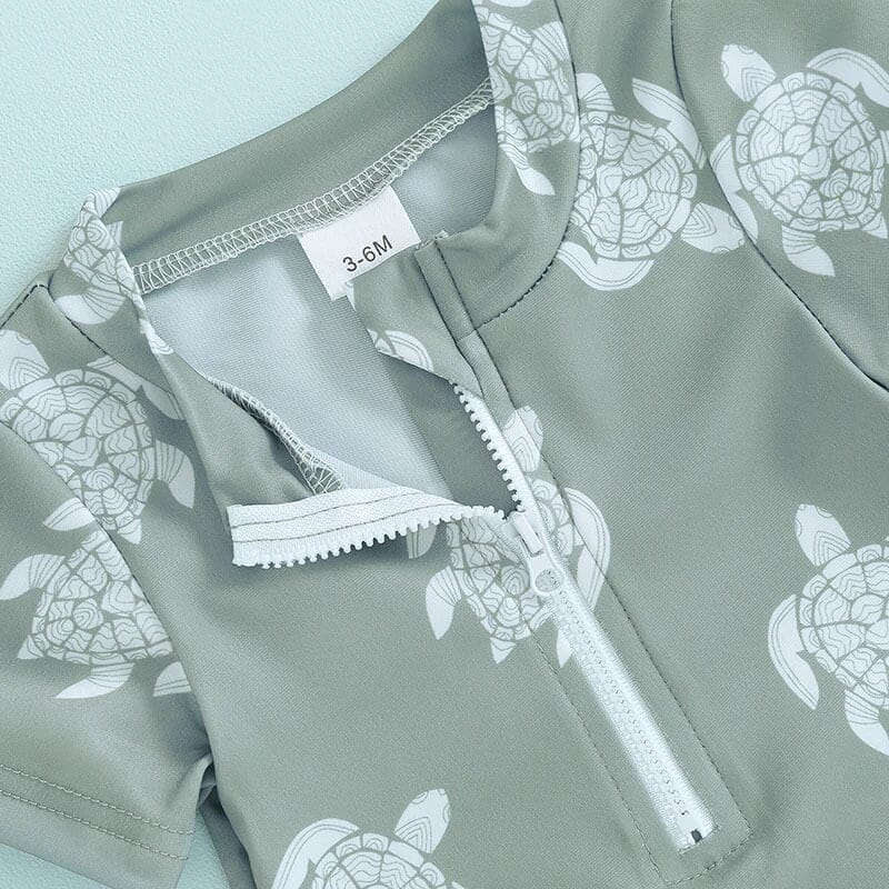 Short Sleeve Turtle Zipper Baby Swimsuit - Wearebambino - 0 - 3 M - Short Sleeve Turtle Zipper Baby Swimsuit