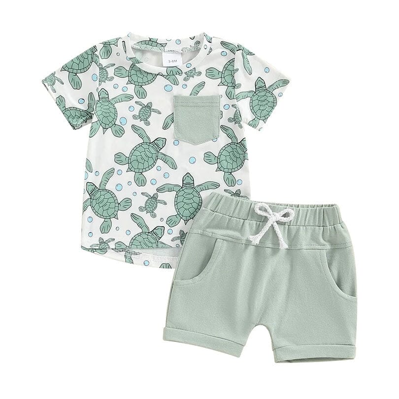 Short Sleeve Turtles Solid Shorts Baby Set - Wearebambino - 3 - 6 M - Short Sleeve Turtles Solid Shorts Baby Set