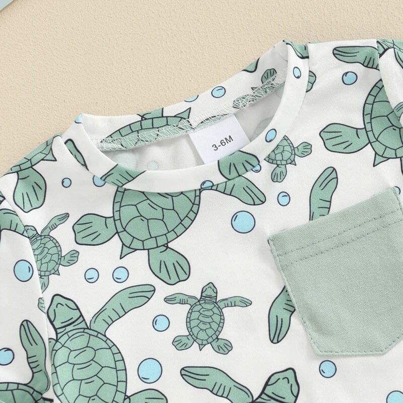 Short Sleeve Turtles Solid Shorts Baby Set - Wearebambino - 3 - 6 M - Short Sleeve Turtles Solid Shorts Baby Set