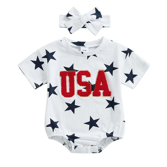 Short Sleeve USA Stars Baby Bodysuit - Wearebambino - 0 - 3 M - Short Sleeve USA Stars Baby Bodysuit