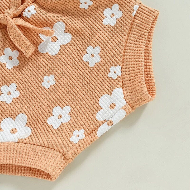 Short Sleeve Waffle Floral Baby Set - Wearebambino - White - 0 - 3 M - Short Sleeve Waffle Floral Baby Set