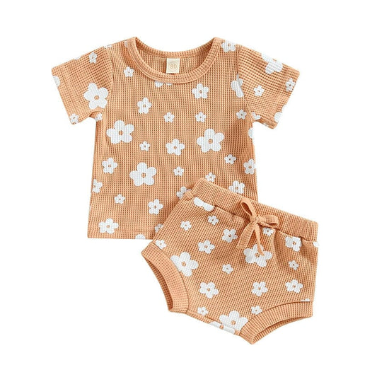 Short Sleeve Waffle Floral Baby Set - Wearebambino - Beige - 0 - 3 M - Short Sleeve Waffle Floral Baby Set