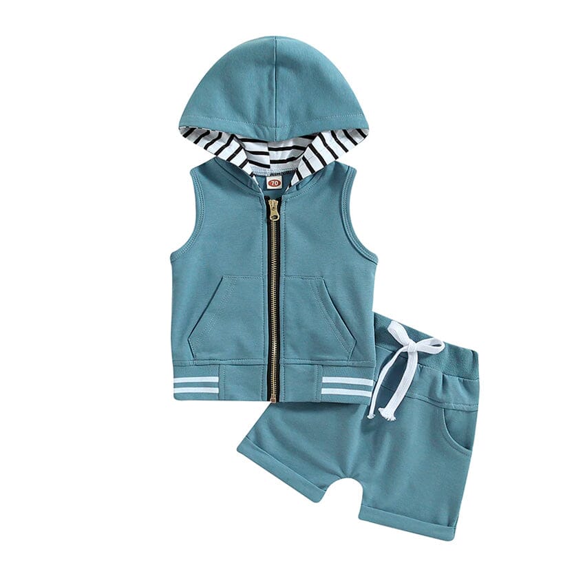 Sleeveless Blue Zipper Hooded Baby Set - Wearebambino - 3 - 6 M - Sleeveless Blue Zipper Hooded Baby Set