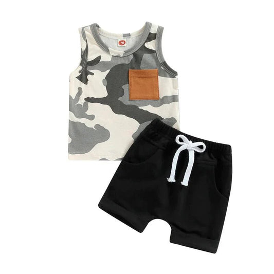 Sleeveless Camo Black Shorts Baby Set - Wearebambino - 3 - 6 M - Sleeveless Camo Black Shorts Baby Set