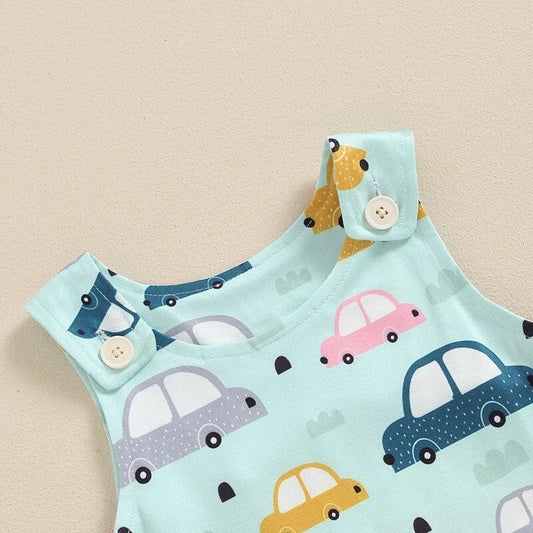 Sleeveless Cars Baby Jumpsuit - Wearebambino - 0 - 3 M - Sleeveless Cars Baby Jumpsuit