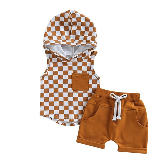 Sleeveless Checkered Hooded Baby Set - Wearebambino - Brown - 3 - 6 M - Sleeveless Checkered Hooded Baby Set