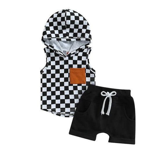 Sleeveless Checkered Hooded Baby Set - Wearebambino - Black - 3 - 6 M - Sleeveless Checkered Hooded Baby Set