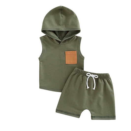 Sleeveless Olive Hooded Baby Set - Wearebambino - 3 - 6 M - Sleeveless Olive Hooded Baby Set