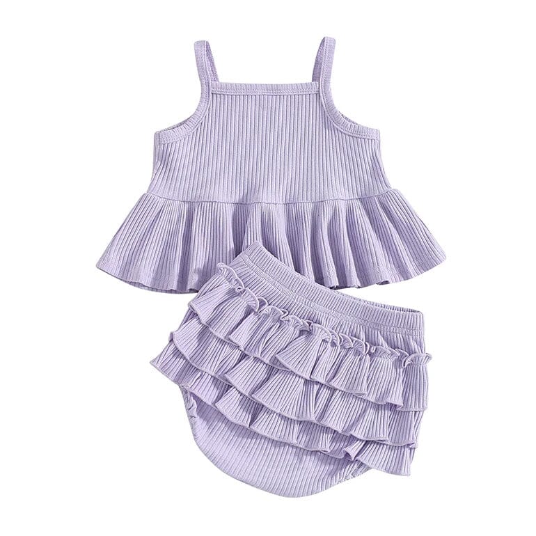 Sleeveless Solid Ruffled Baby Set - Wearebambino - Purple - 3 - 6 M - Sleeveless Solid Ruffled Baby Set