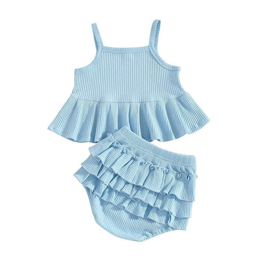 Sleeveless Solid Ruffled Baby Set - Wearebambino - Blue - 3 - 6 M - Sleeveless Solid Ruffled Baby Set