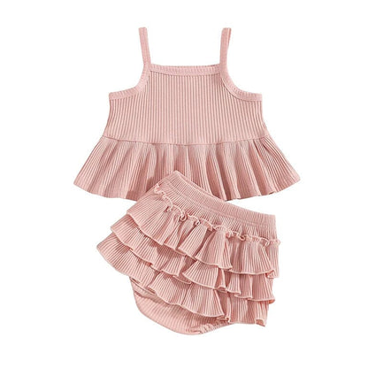 Sleeveless Solid Ruffled Baby Set - Wearebambino - Pink - 3 - 6 M - Sleeveless Solid Ruffled Baby Set