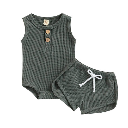 Sleeveless Solid Waffle Baby Set - Wearebambino - Gray - 0 - 3 M - Sleeveless Solid Waffle Baby Set