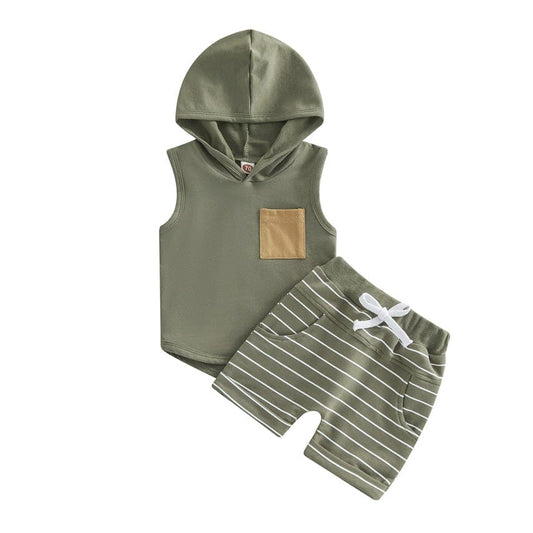 Sleeveless Striped Hooded Baby Set - Wearebambino - Green - 3 - 6 M - Sleeveless Striped Hooded Baby Set