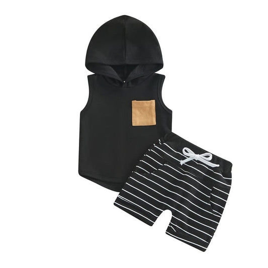 Sleeveless Striped Hooded Baby Set - Wearebambino - Black - 3 - 6 M - Sleeveless Striped Hooded Baby Set