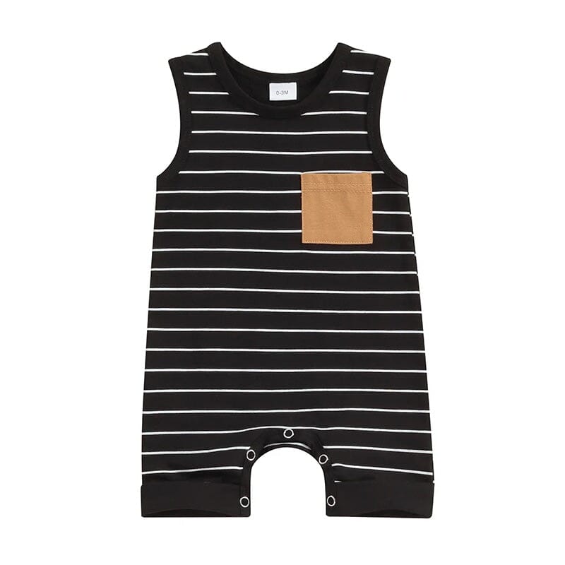 Sleeveless Striped Pocket Baby Jumpsuit - Wearebambino - Black - 0 - 3 M - Sleeveless Striped Pocket Baby Jumpsuit