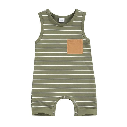 Sleeveless Striped Pocket Baby Jumpsuit - Wearebambino - Green - 0 - 3 M - Sleeveless Striped Pocket Baby Jumpsuit