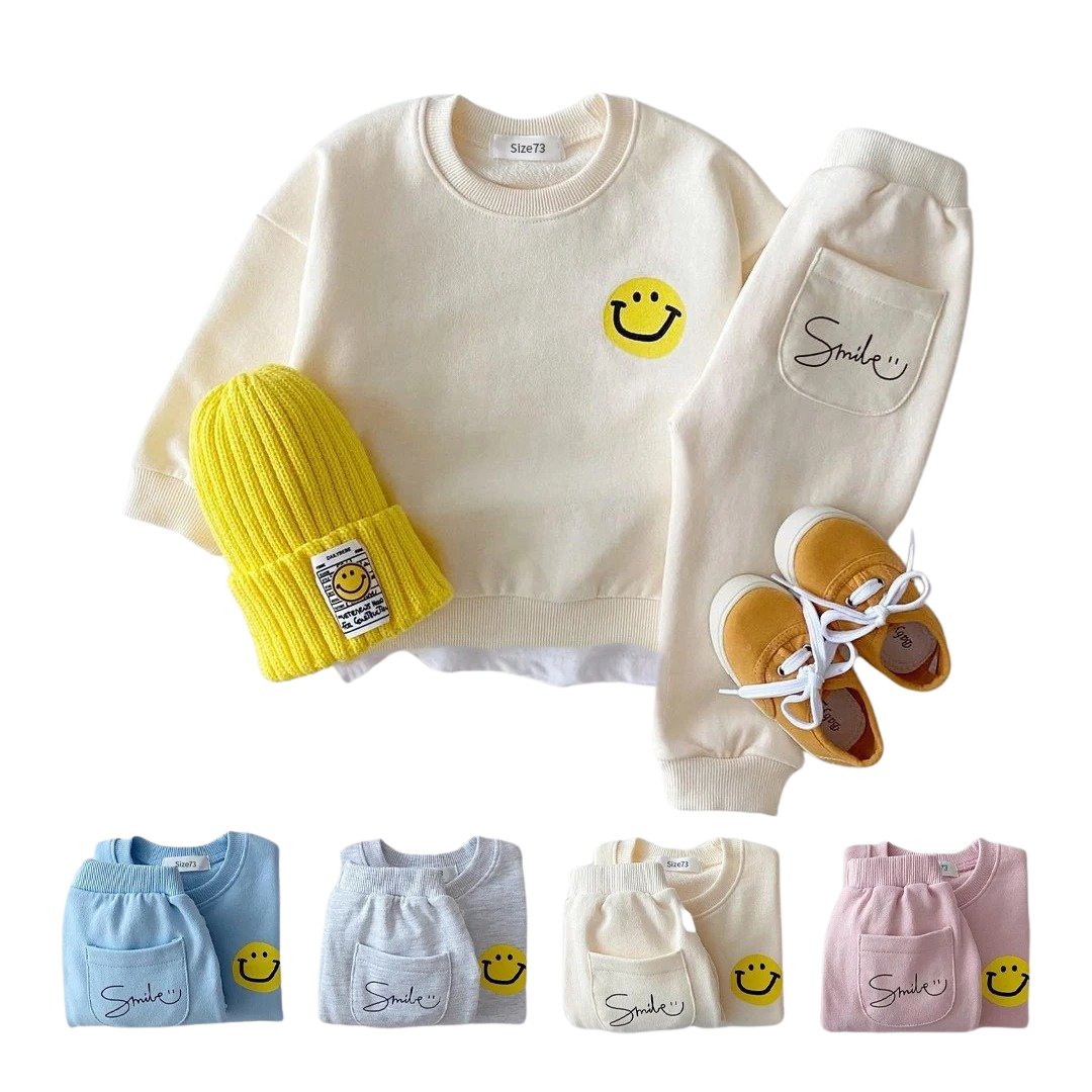 Smiley Print Kids Tracksuit Set - Wearebambino - Beige - 6 - 12 M - Smiley Print Kids Tracksuit Set