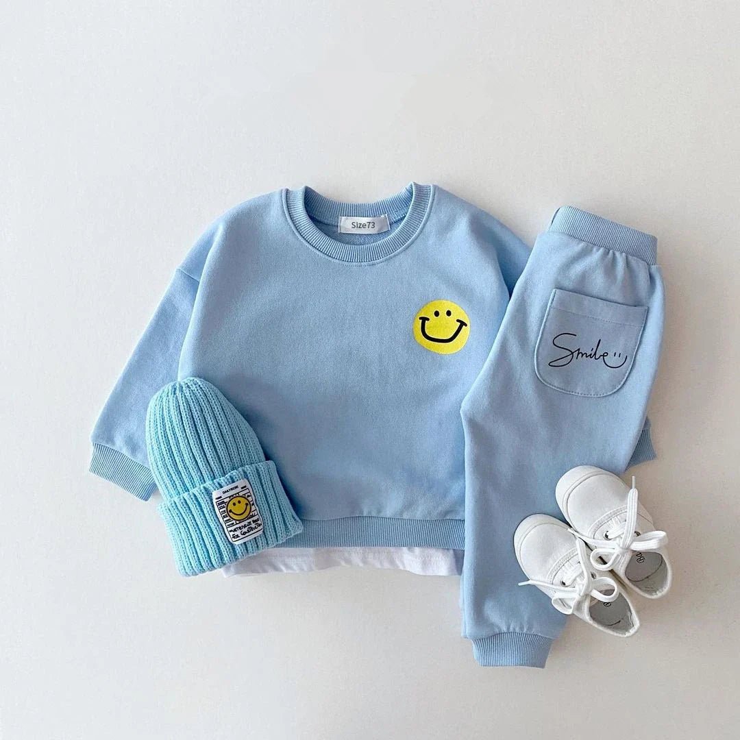 Smiley Print Kids Tracksuit Set - Wearebambino - Sky blue - 6 - 12 M - Smiley Print Kids Tracksuit Set