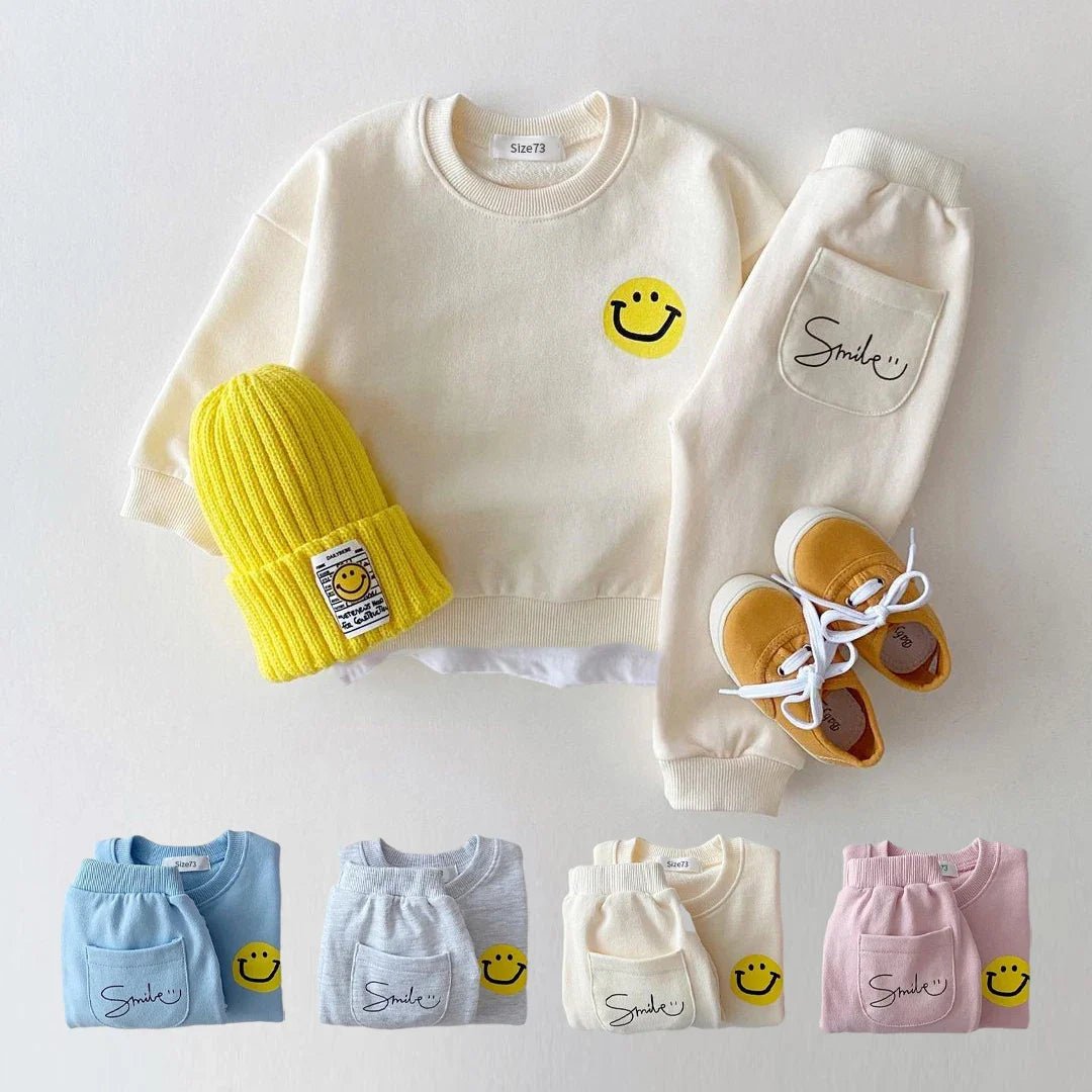 Smiley Print Kids Tracksuit Set - Wearebambino - Beige - 6 - 12 M - Smiley Print Kids Tracksuit Set