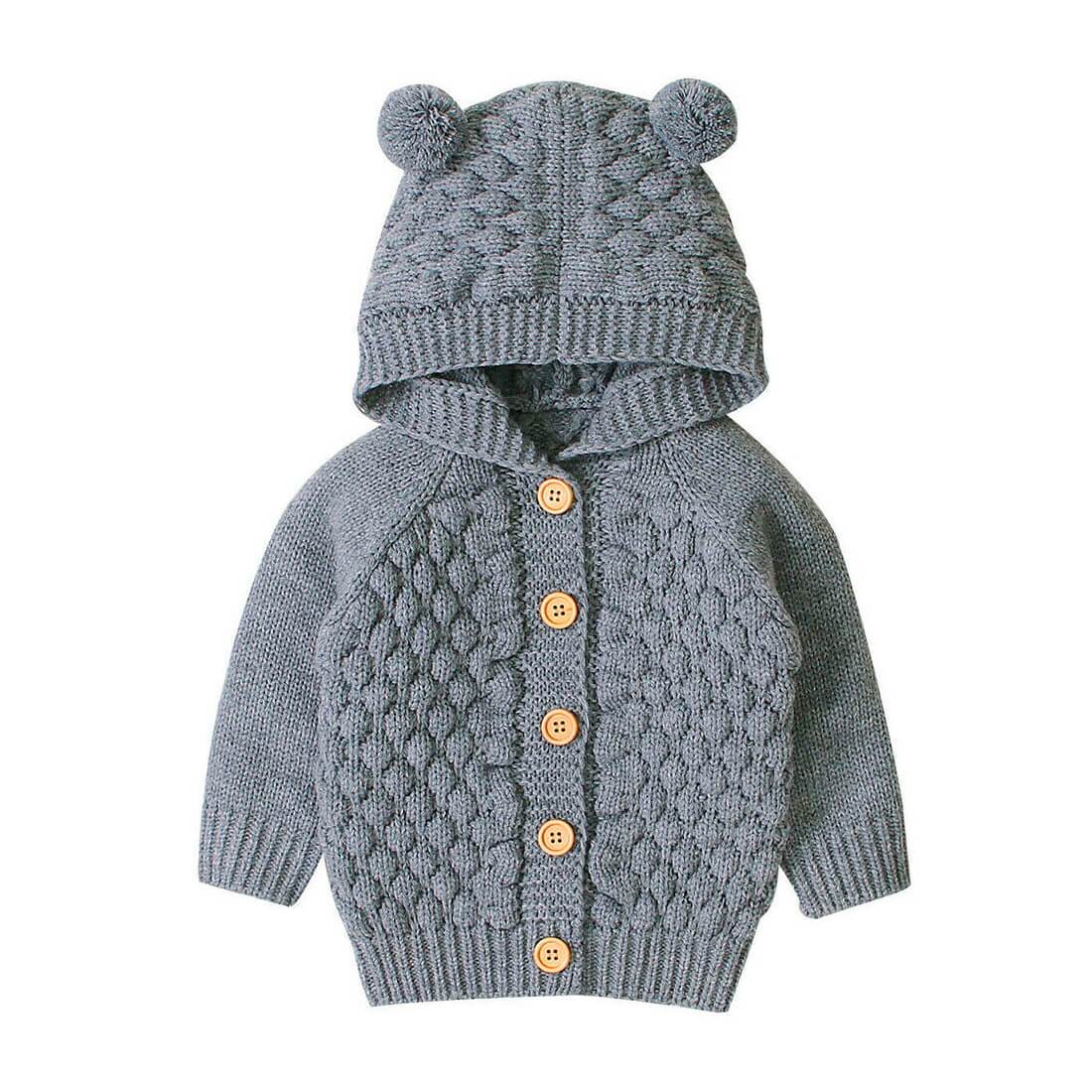 Solid Knit Hooded Baby Cardigan - Wearebambino - Gray - 3 - 6 M - Solid Knit Hooded Baby Cardigan