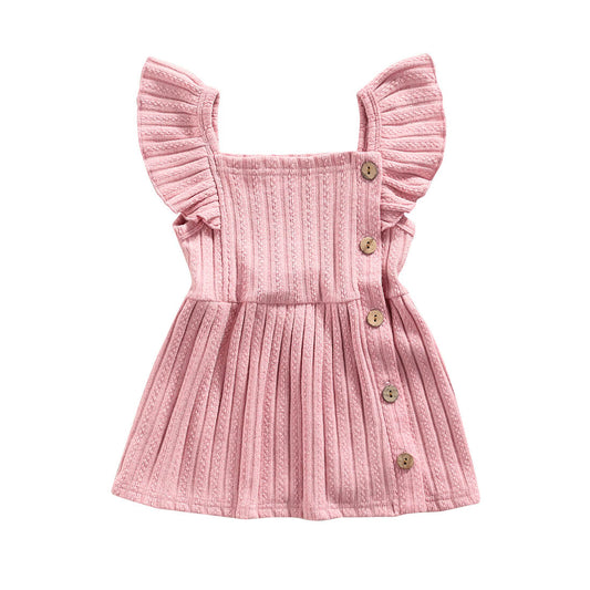 Solid Knitted Buttons Baby Dress - Wearebambino - Pink - 3 - 6 M - Solid Knitted Buttons Baby Dress