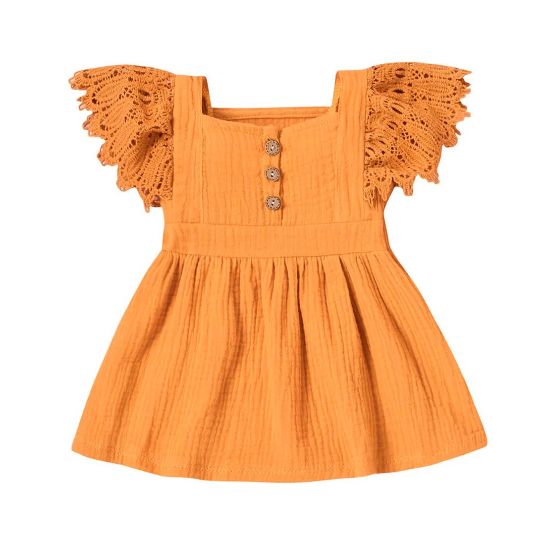 Solid Lace Sleeve Baby Dress - Wearebambino - Mustard Orange - 0 - 3 M - Solid Lace Sleeve Baby Dress