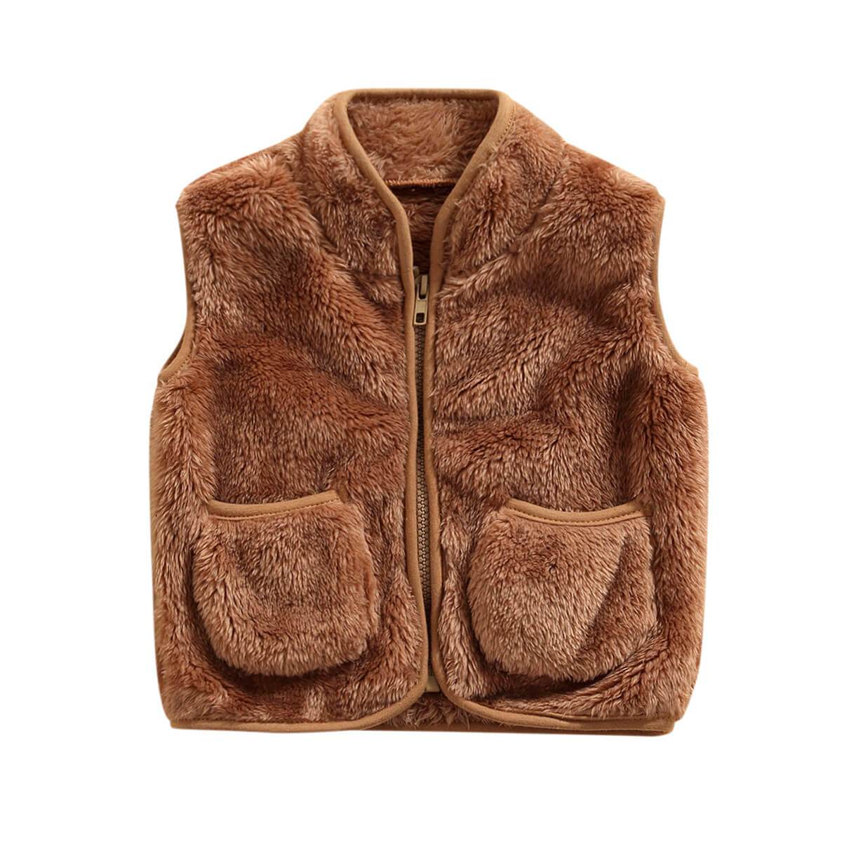 Solid Plush Vest Toddler Jacket - Wearebambino - Brown - 12 - 18 M - Solid Plush Vest Toddler Jacket