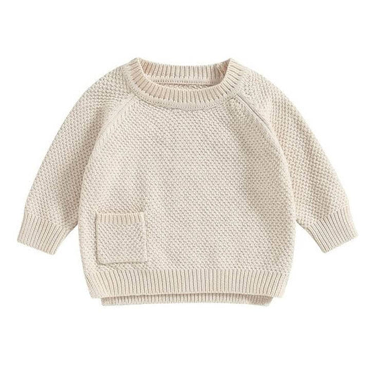 Solid Pocket Knitted Baby Sweater - Wearebambino - Beige - 3 - 6 M - Solid Pocket Knitted Baby Sweater