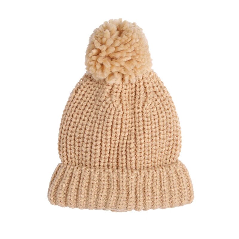 Solid Pompom Knitted Beanie - Wearebambino - Khaki - Solid Pompom Knitted Beanie